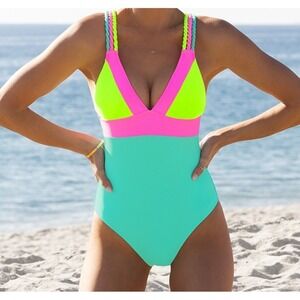 Popvil Color Block Patchwork Vacation One Piece Beach Tropical Swimming Suit Med